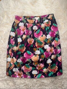J. Crew Floral A-Line Skirt in Black with Pink, Green & Cream Blooms